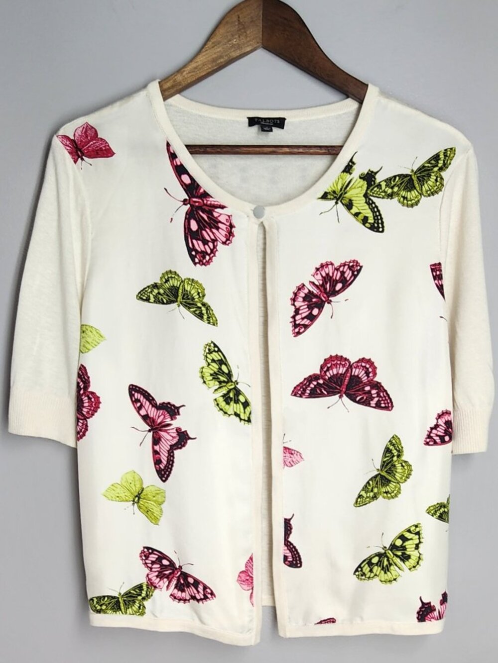 Talbots Silk Cotton Butterfly Print Cardigan Sweater Ivory Pink Green Size L
